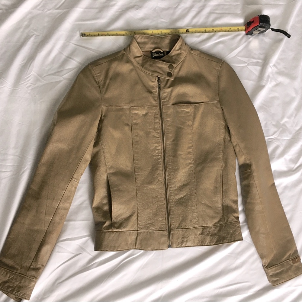 EUC Y2k Hurley tan genuine leather short jacket, satin lining, moto style. - Picture 1 of 13